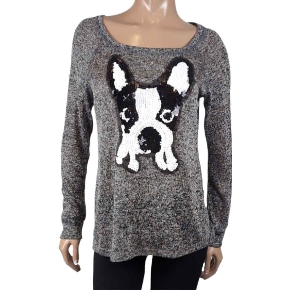 Bobeau French Bulldog Sequin Sweater Lightweight Grey Knit Womens Size Medium